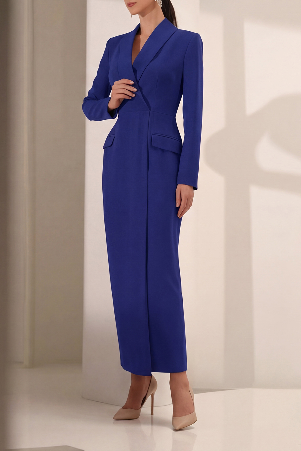 Fuchsia Work Blazer Dress V Neck Long Sleeve Maxi