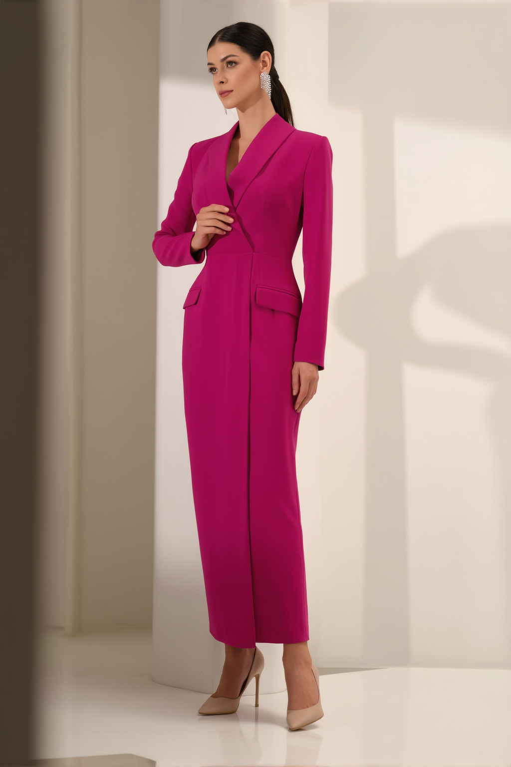 Work Wrap Dress Fuchsia Lapel Maxi Dress