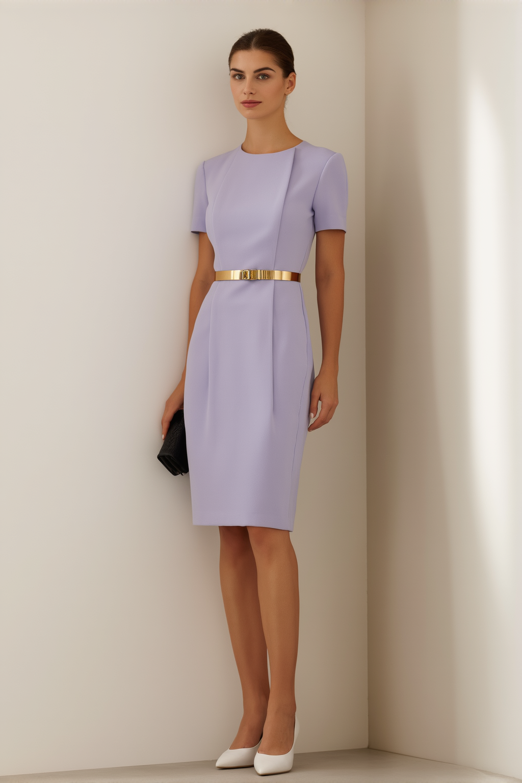 Work Dress Purple Crew Neck Belted Knee Dress
