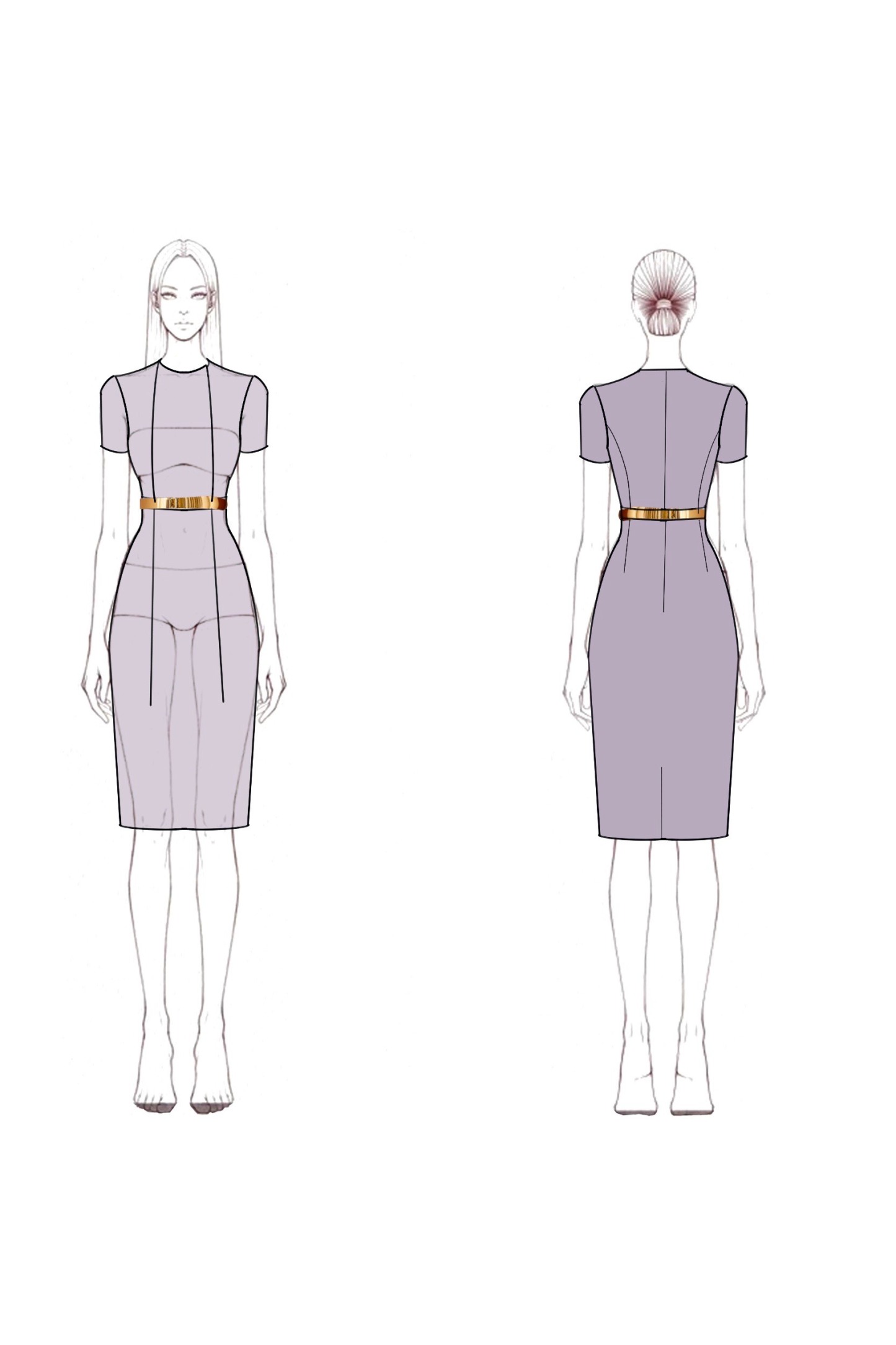 Work Dress Purple Crew Neck Belted Knee-Length Dress