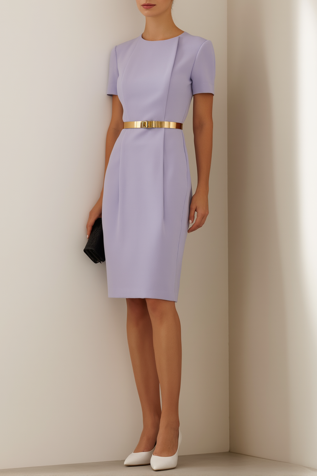 Purple Knee Length Belted Work Dress