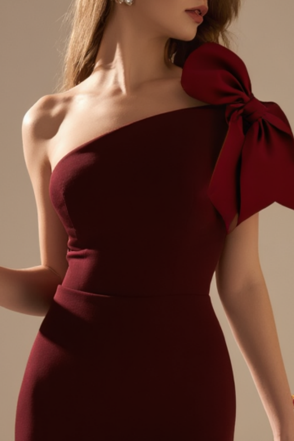 Party Cocktail Dress Burgundy One Shoulder Bow Midi Dress