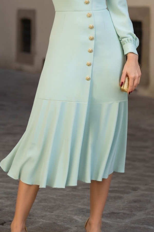 Cocktail Dress Blue V Neck Buttons Ruffle Midi Dress