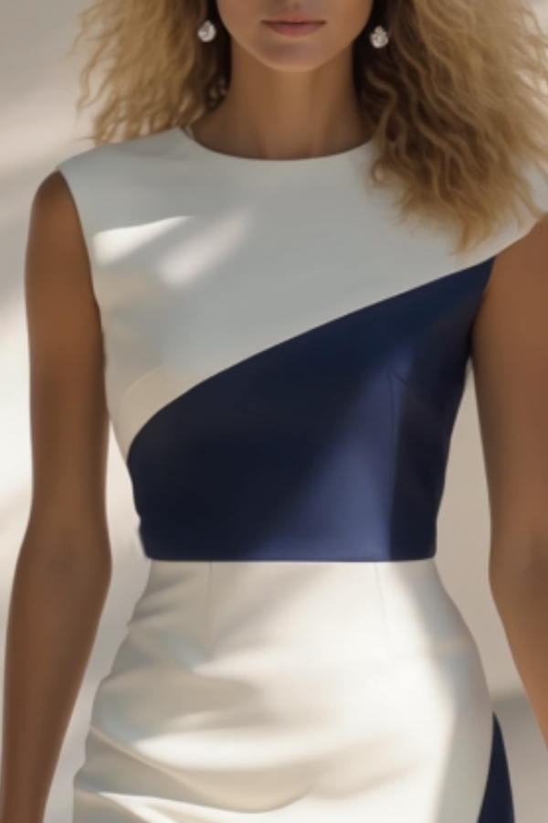 Sleeveless Knee-Length Work Dress with Colorblock Design