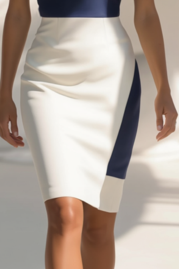 Stylish Colorblock Work Dress for Office in White and Navy