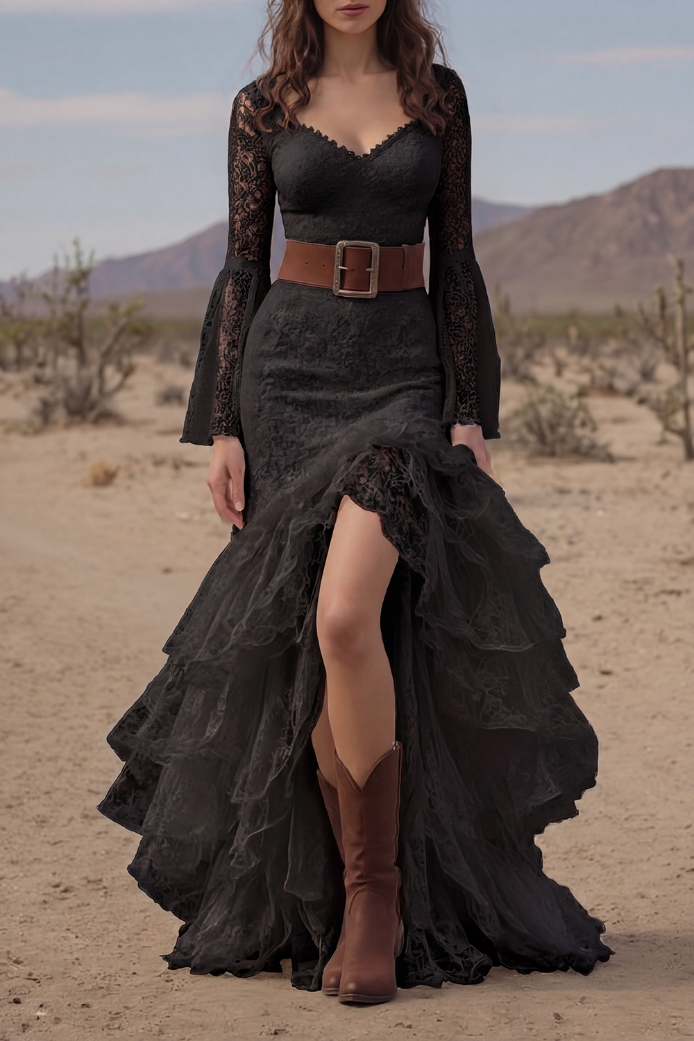 Bohemian Tiered Lace Dress White V Neck Belted Maxi Dress