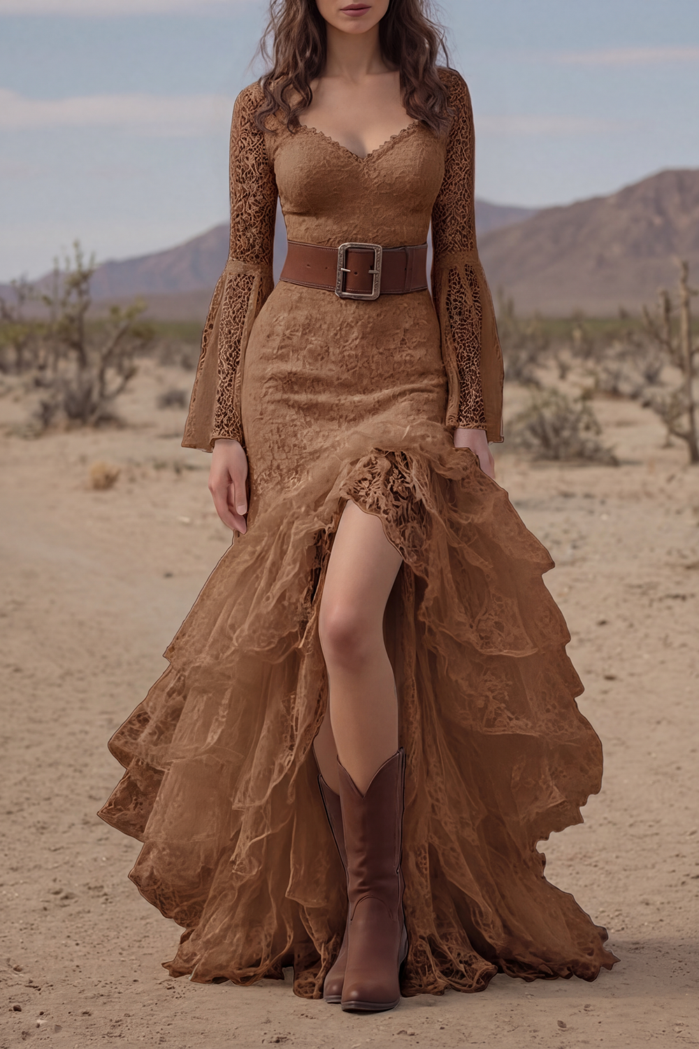 Bohemian Tiered Lace Dress White V Neck Belted Maxi Dress