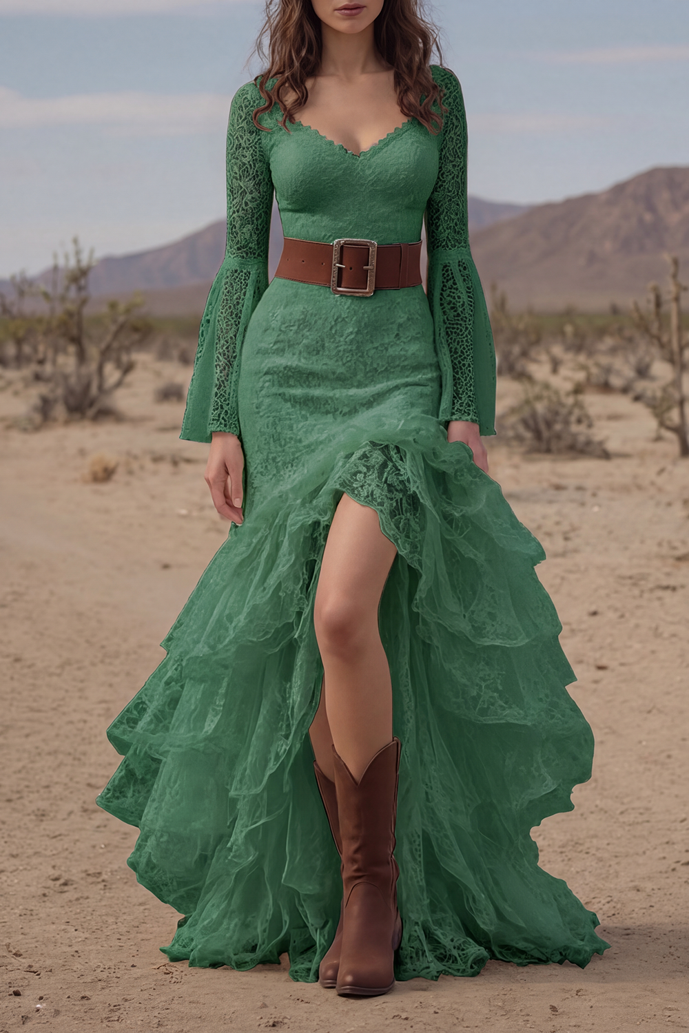 Bohemian Tiered Lace Dress White V Neck Belted Maxi Dress