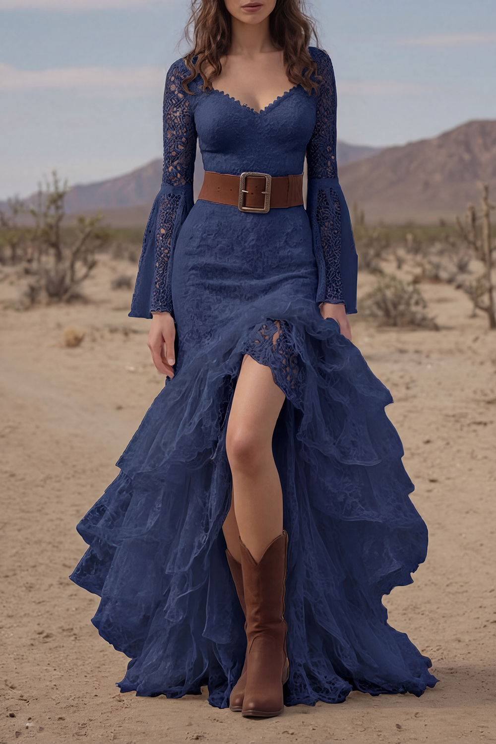 Bohemian Tiered Lace Dress White V Neck Belted Maxi Dress