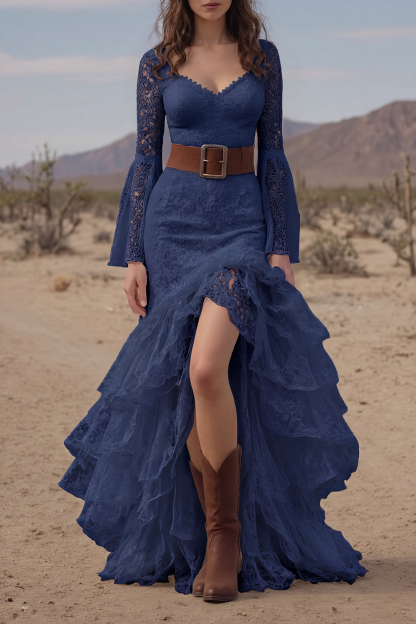 Bohemian Tiered Lace Dress White V Neck Belted Maxi Dress