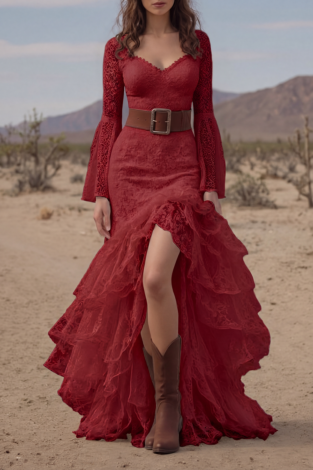 Bohemian Tiered Lace Dress White V Neck Belted Maxi Dress