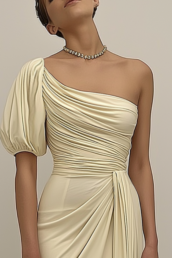 Evening Dress Golden One Shoulder Ruched Slit Maxi Dress