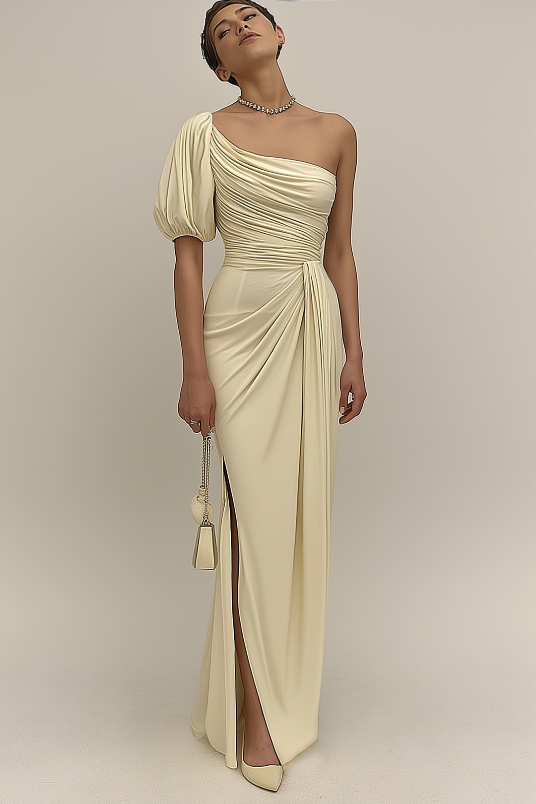Evening Dress Golden One Shoulder Ruched Slit Maxi Dress