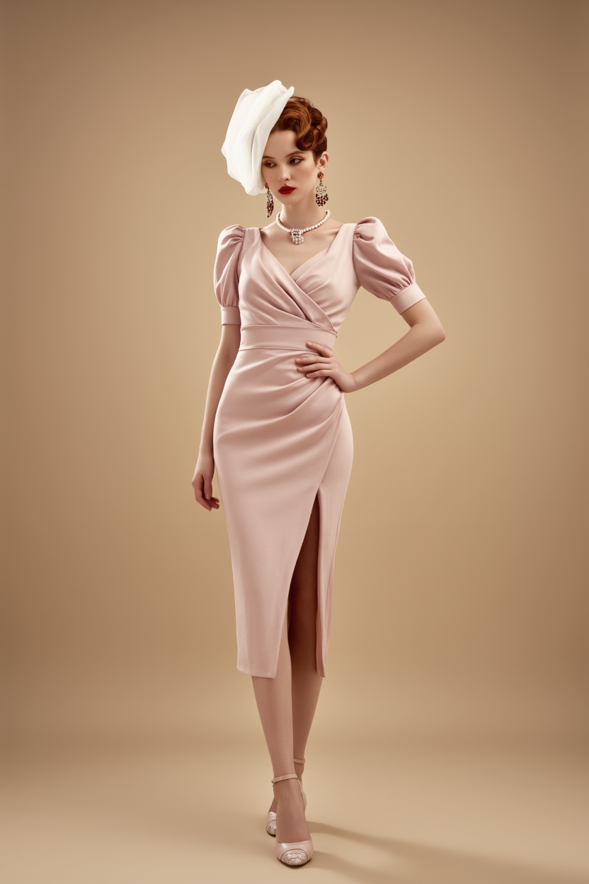 Cocktail Satin Wrap Dress Pink V Neck Midi Dress