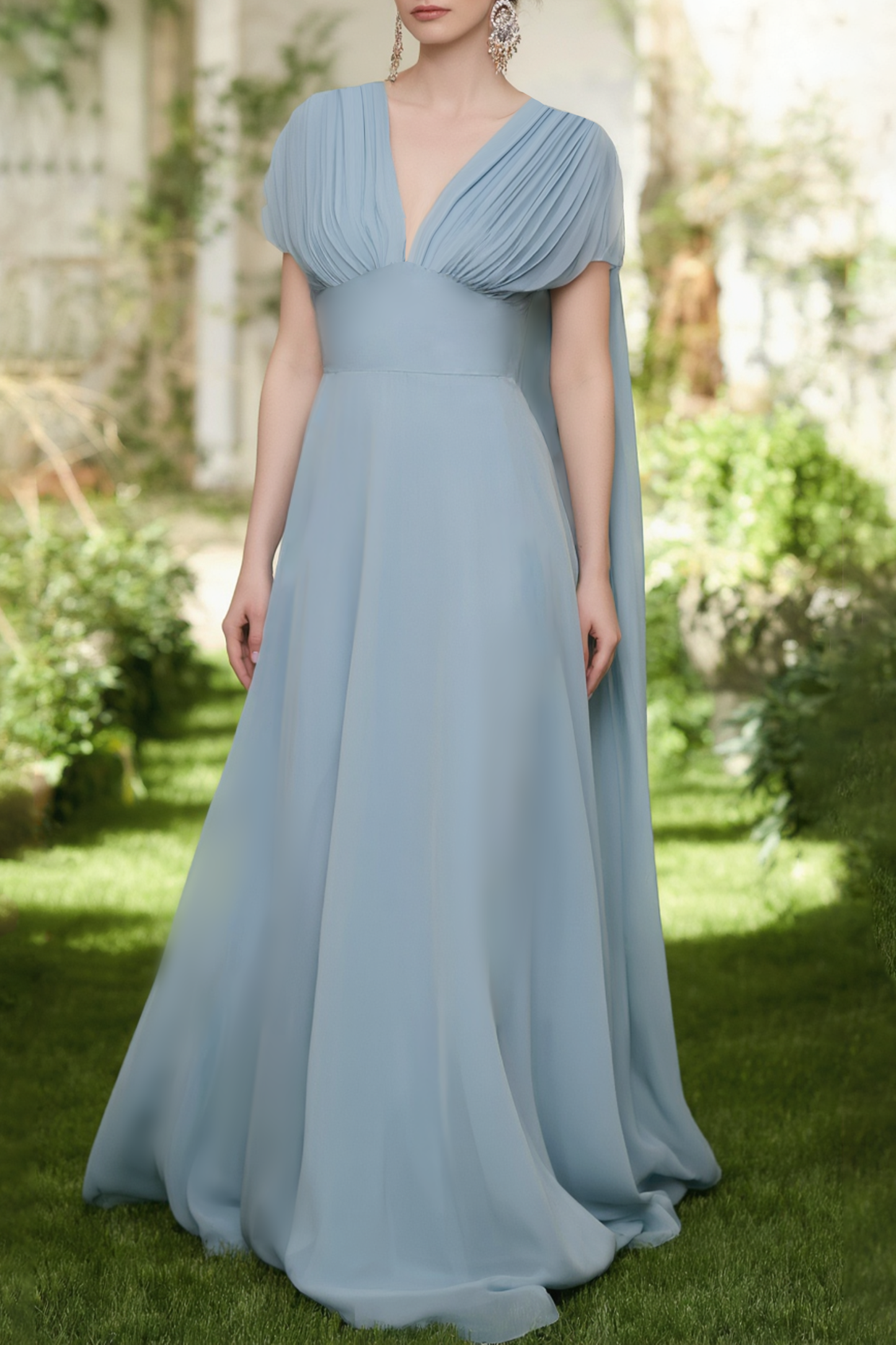 Evening Dress Blue V Neck Cape Maxi Dress