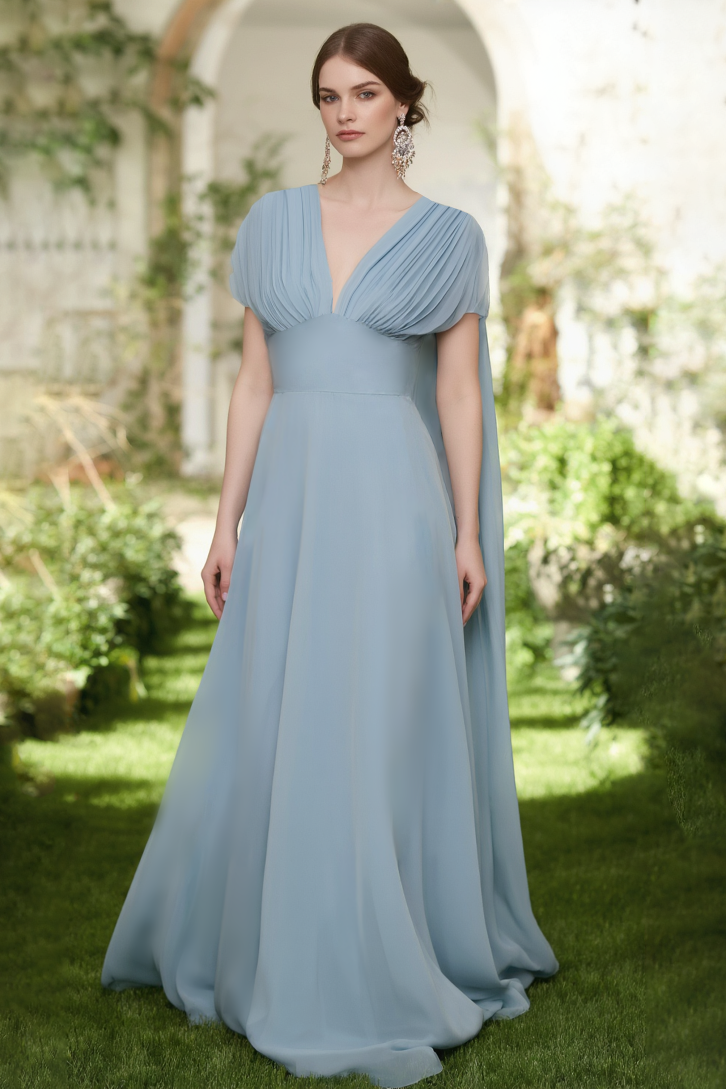 Evening Dress Blue V Neck Cape Maxi Dress