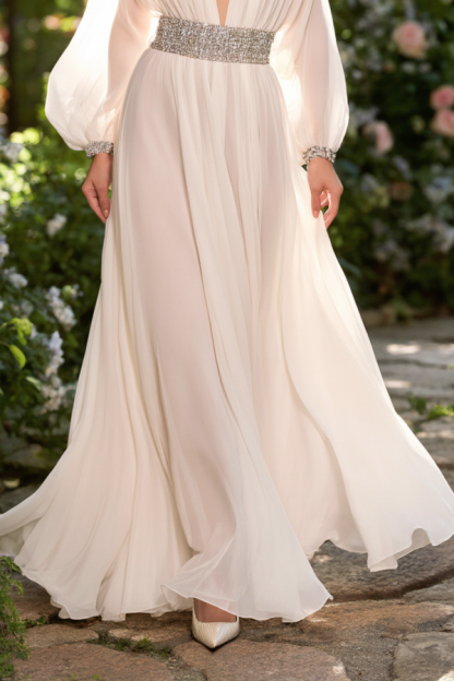 Evening Swing Dress White Deep V Belted Maxi Dress