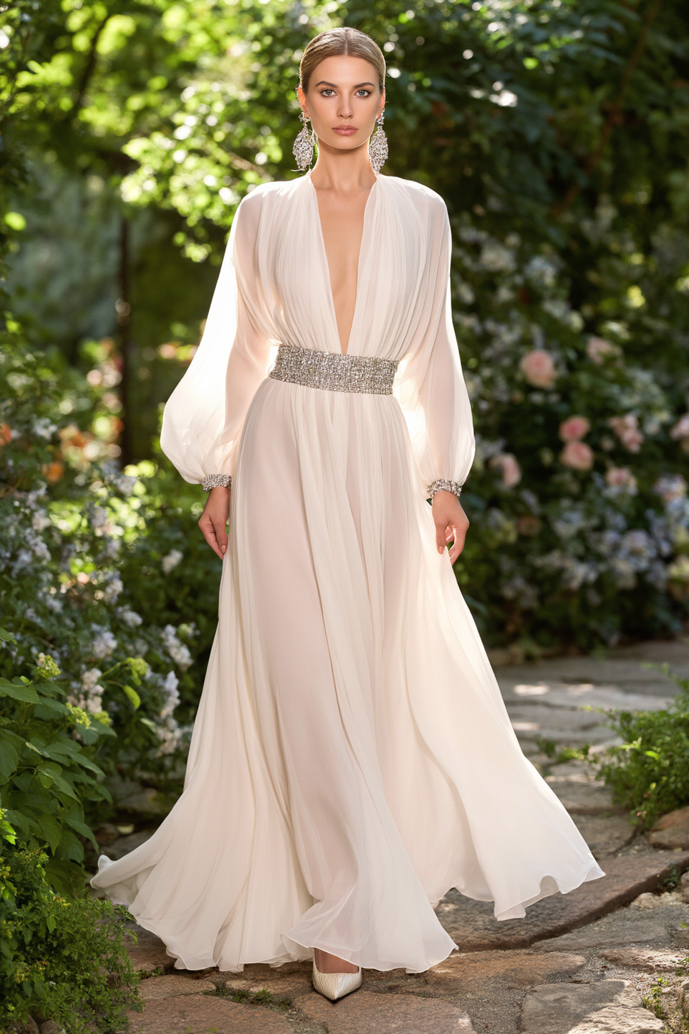 Evening Swing Dress White Deep V Belted Maxi Dress