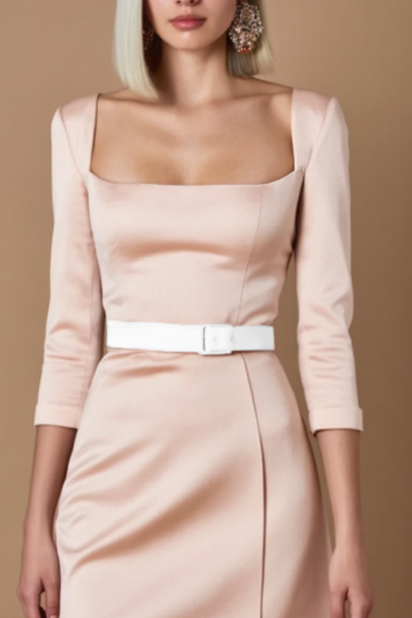 Evening Satin Wrap Dress Pink Square Neck Belted Maxi Dress