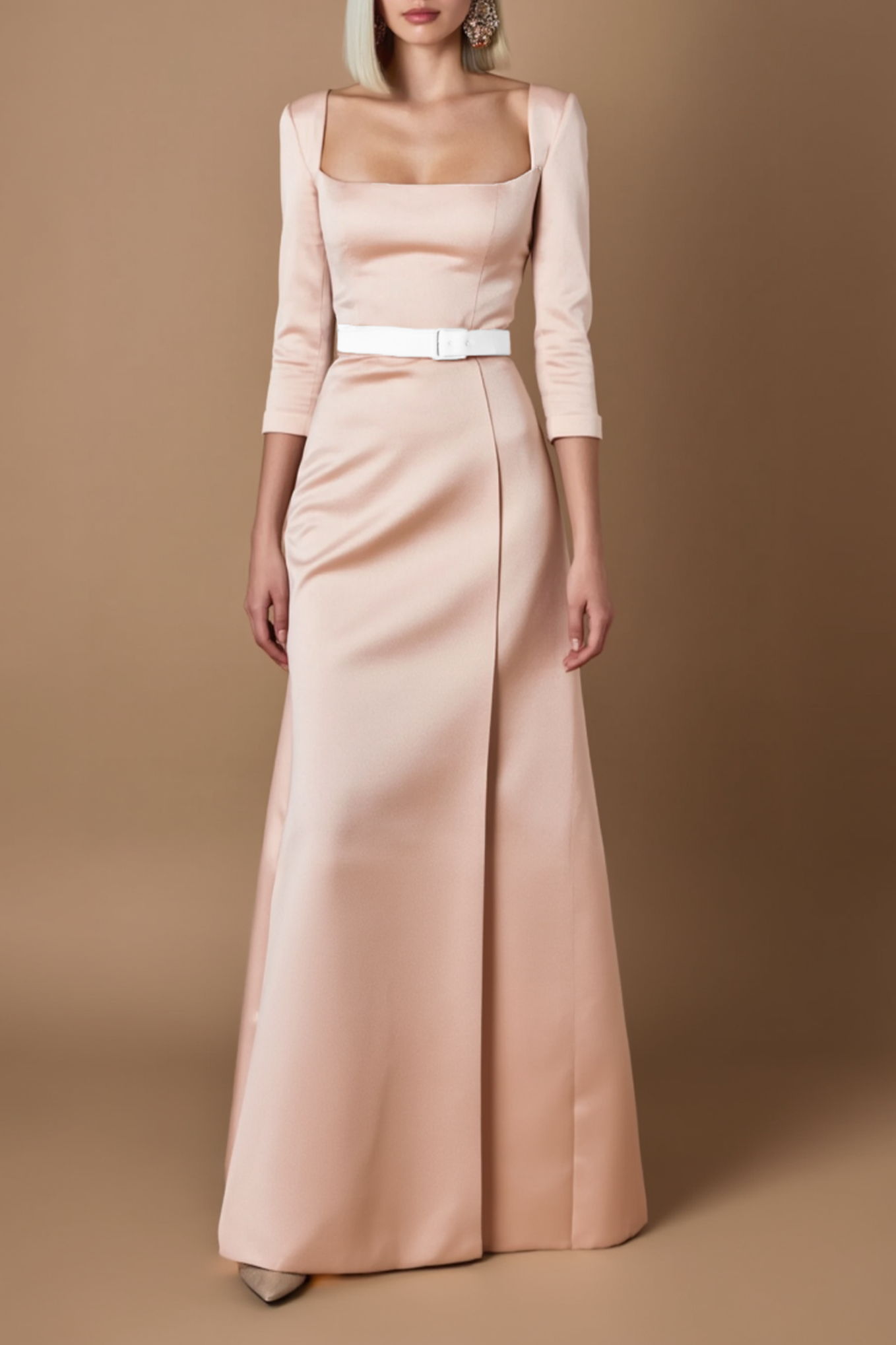 Evening Satin Wrap Dress Pink Square Neck Belted Maxi Dress