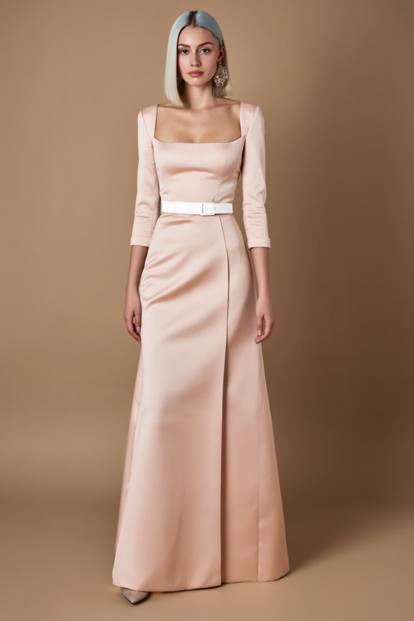 Evening Satin Wrap Dress Pink Square Neck Belted Maxi Dress
