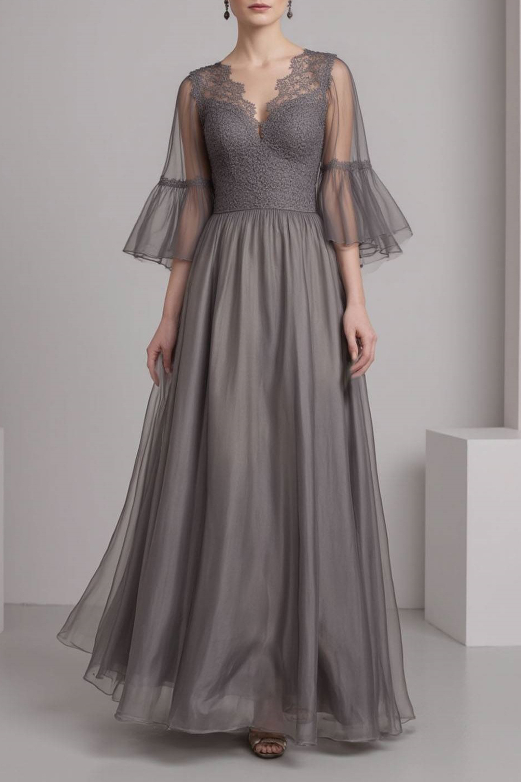Evening Dress Gray V Neck Lace Maxi Dress for mother of the bride