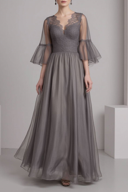 Evening Dress Gray V Neck Lace Maxi Dress for mother of the bride