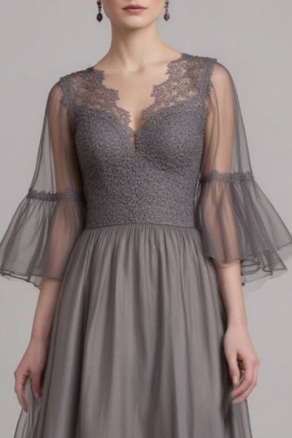 Evening Dress Gray V Neck Lace Maxi Dress for mother of the bride