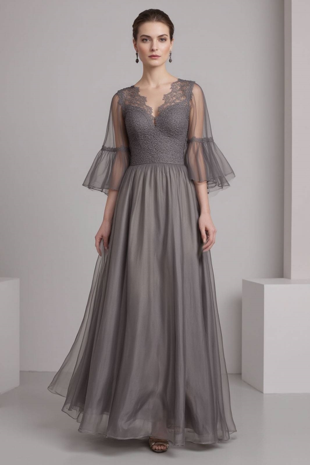 Evening Dress Gray V Neck Lace Maxi Dress for mother of the bride
