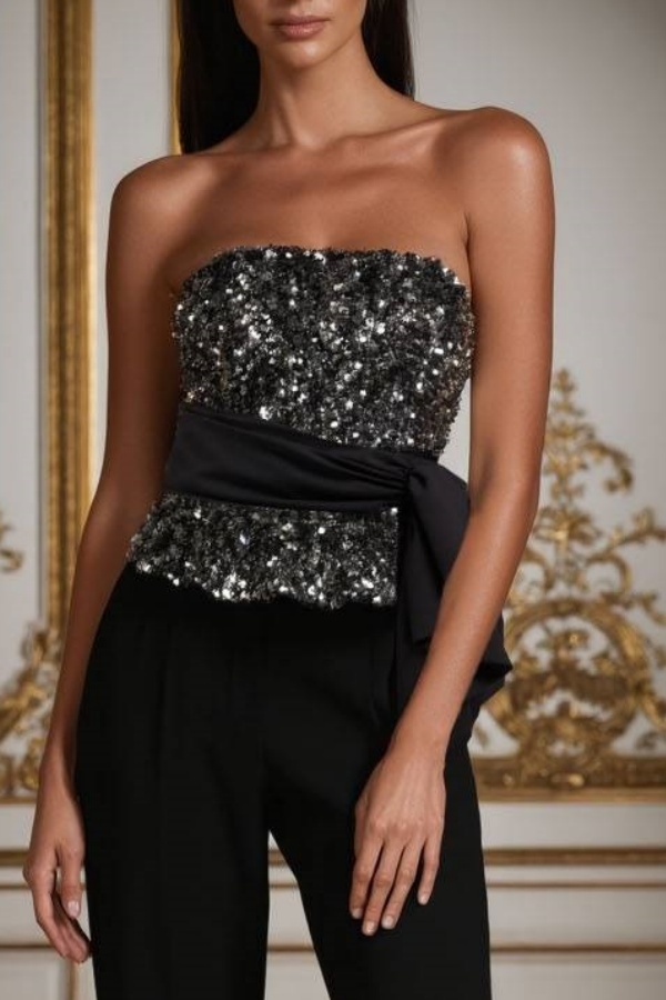 Outfit Sets Black Strapless Sequin Pants Set