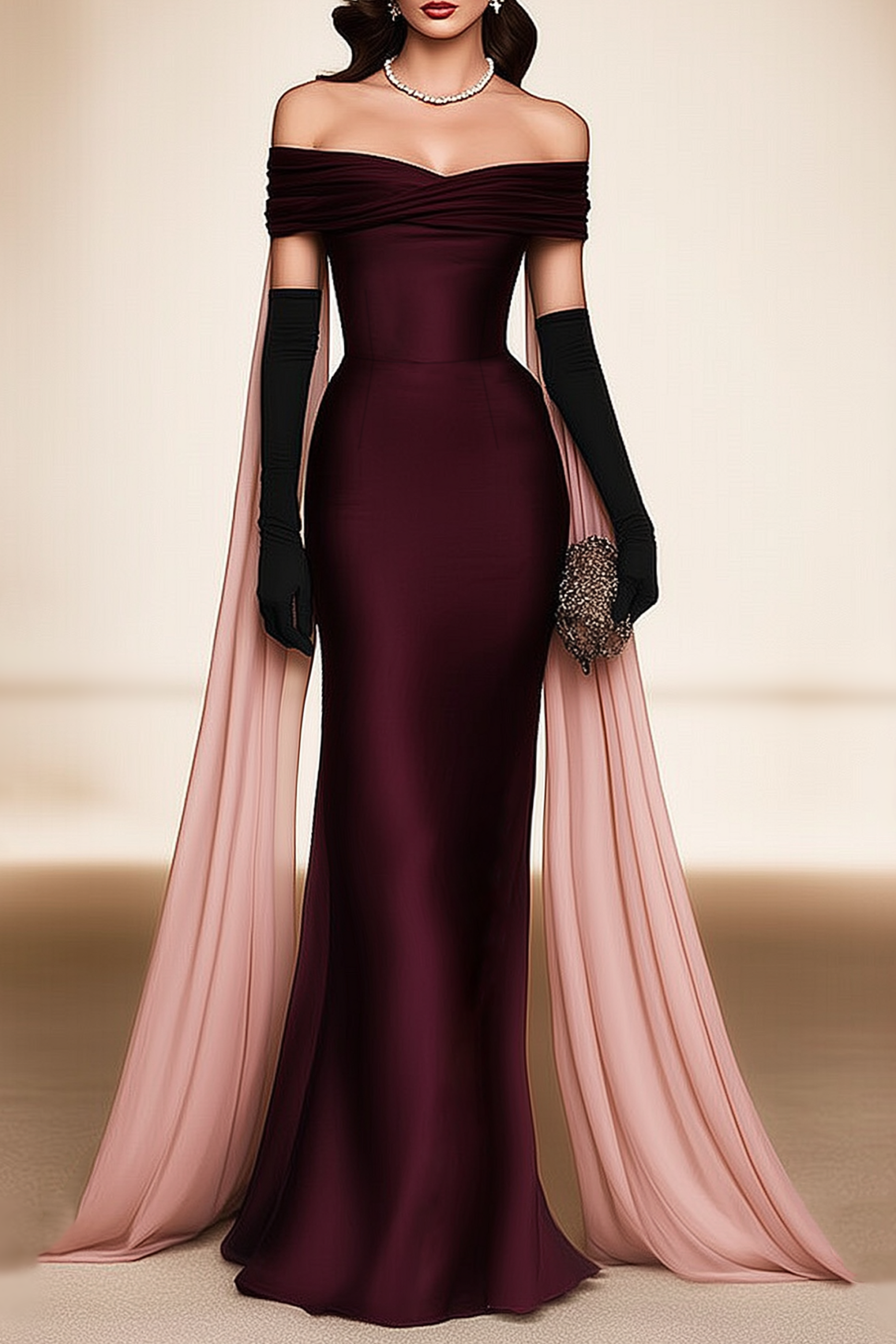 Evening Dress Fuchsia Off Shoulder Cape Maxi Dress