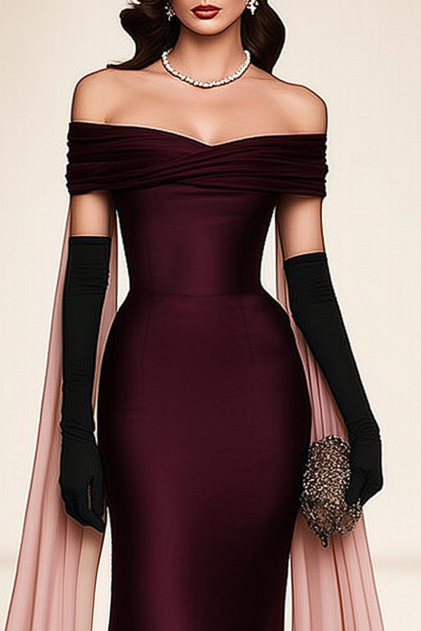 Evening Dress Fuchsia Off Shoulder Cape Maxi Dress