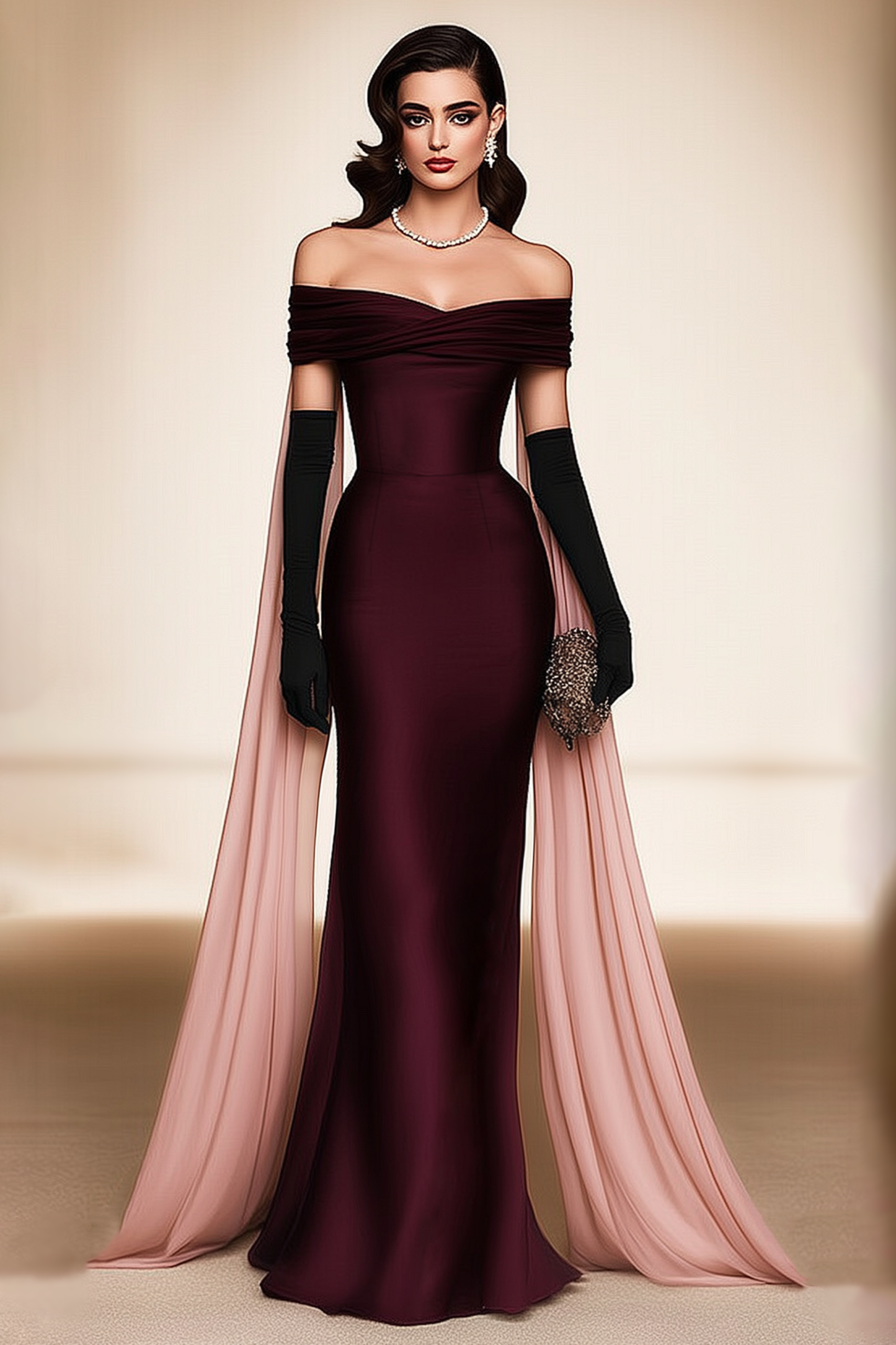 Evening Dress Fuchsia Off Shoulder Cape Maxi Dress