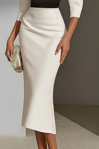 Elegant White Black Sheath Work Dress with V Neck