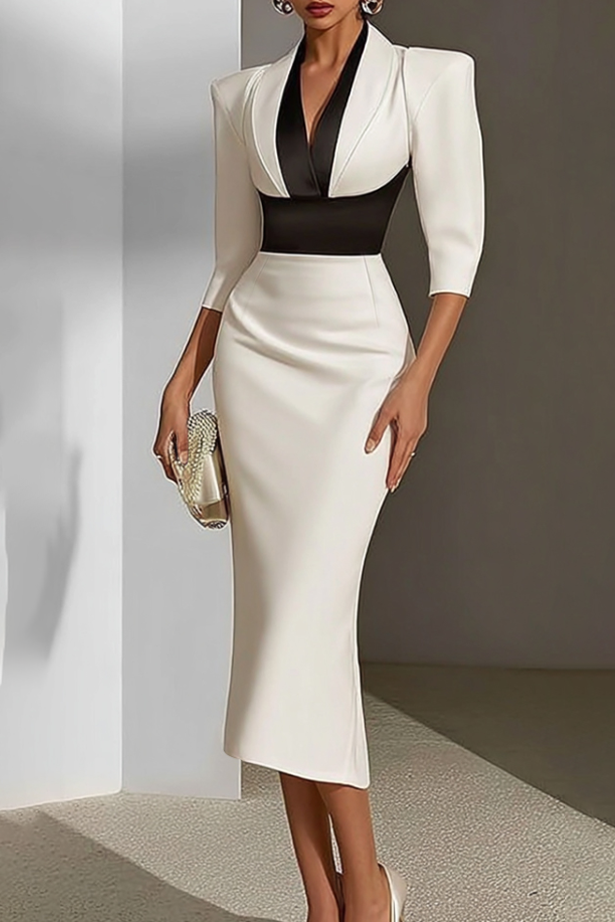 White Black V Neck Colorblock Sheath Work Dress