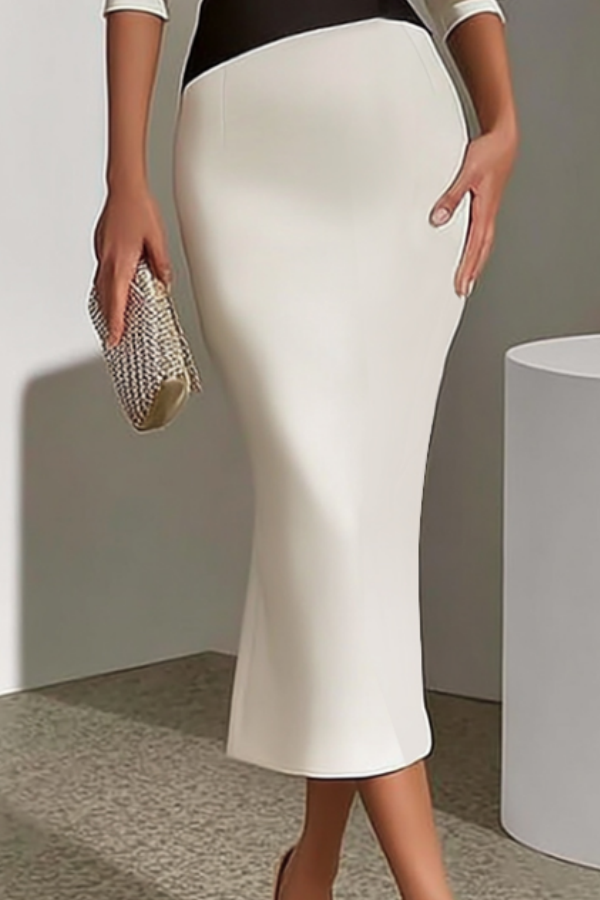 Elegant White Black Colorblock Sheath Work Dress