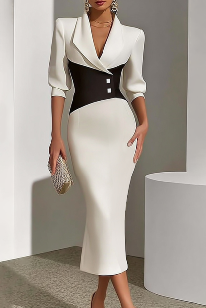 White Black Lapel Colorblock Sheath Work Dress