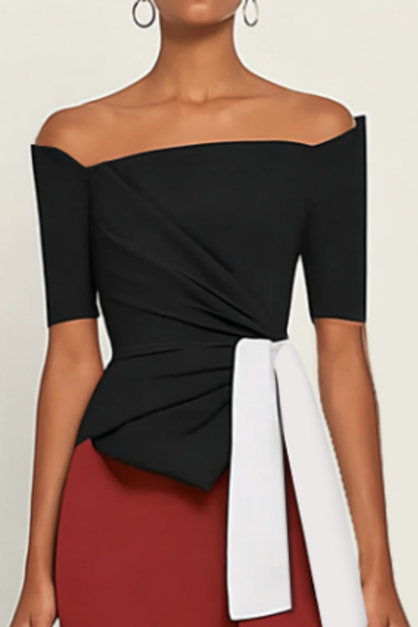 Party Dress Black Off Shoulder Colorblock Knee Dress