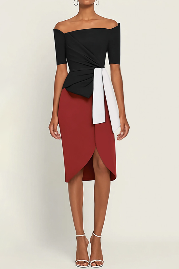 Party Dress Black Off Shoulder Colorblock Knee Dress