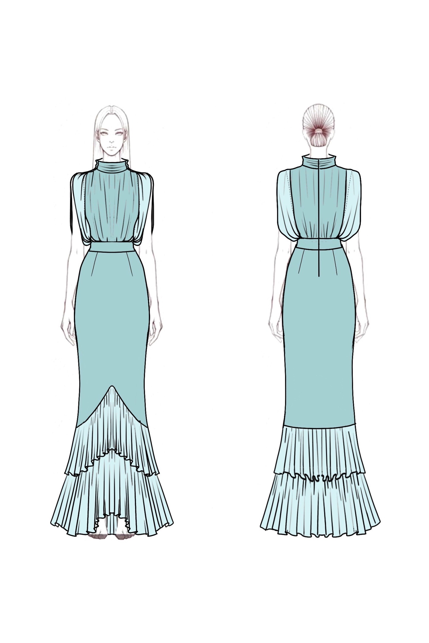 Formal Dress Blue Stand Collar Ruffle Maxi Dress