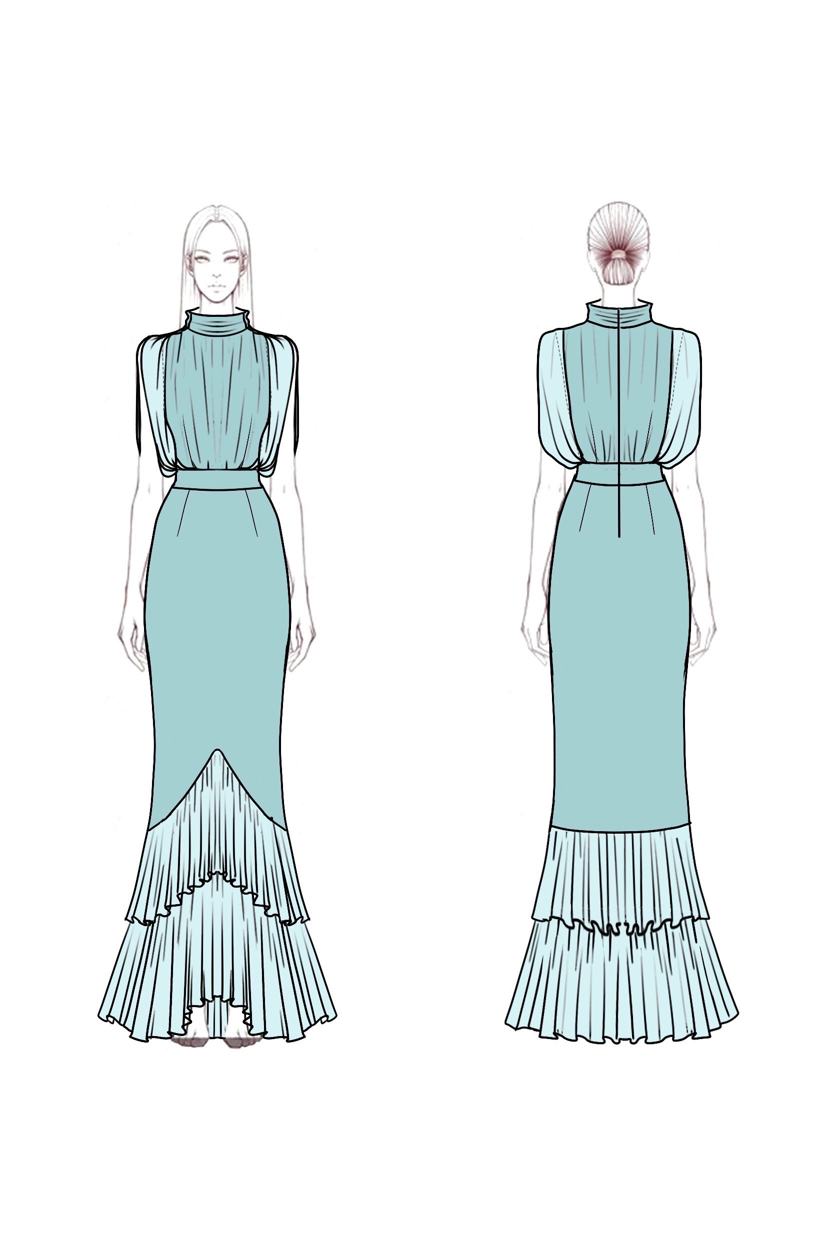 Formal Dress Blue Stand Collar Ruffle Maxi Dress