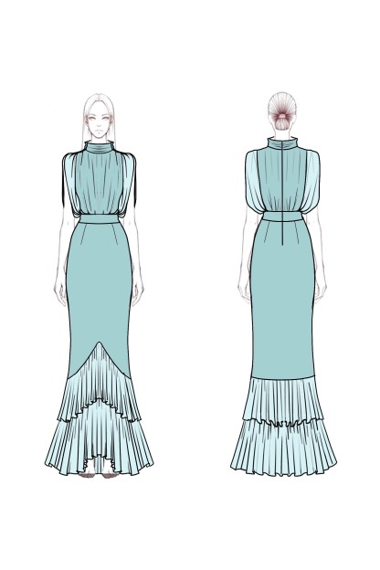 Formal Dress Blue Stand Collar Ruffle Maxi Dress