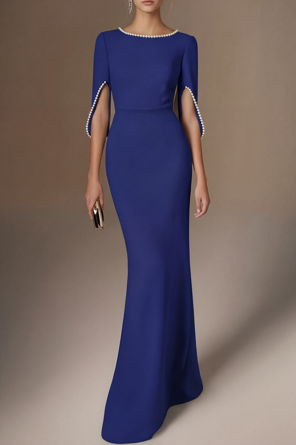 Formal Dress Blue with Pearls Maxi Mother of the Bride Dress