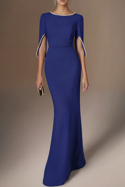 Formal Dress Blue with Pearls Maxi Mother of the Bride Dress