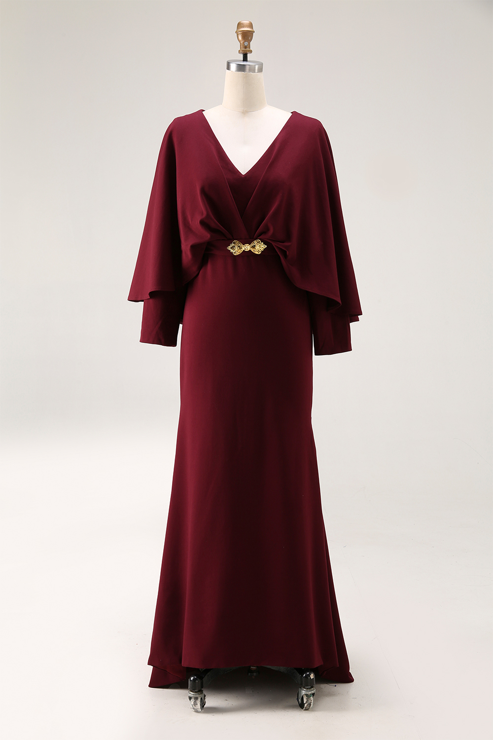 Evening Dress Purple V Neck Cap Belted Maxi Mother of the Bride Dress