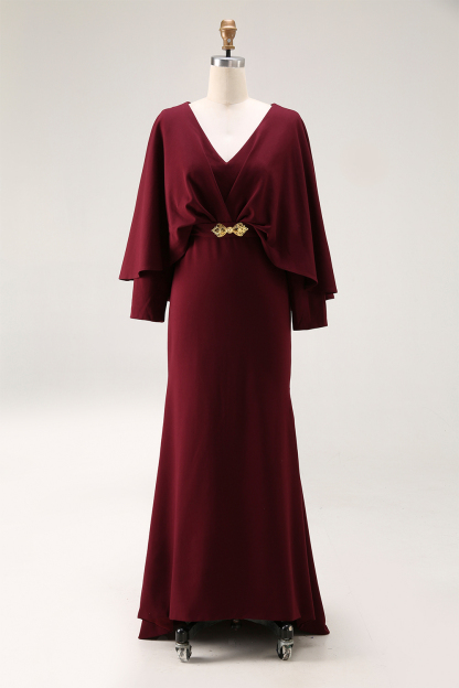 Evening Dress Purple V Neck Cap Belted Maxi Mother of the Bride Dress