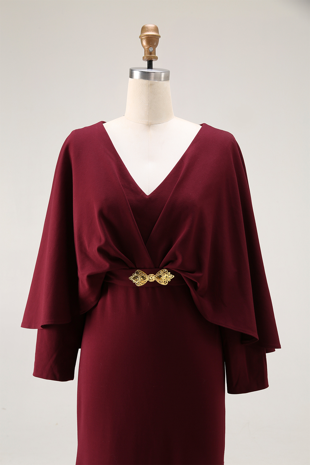 Evening Dress Purple V Neck Cap Belted Maxi Mother of the Bride Dress