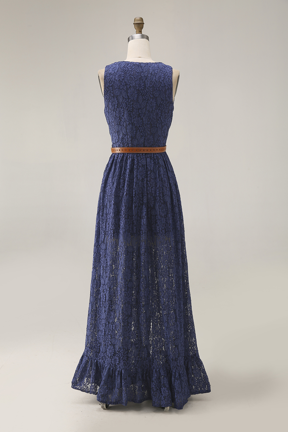 Boho Lace Dress Blue V Neck Sleeveless Belted High Slit Maxi Dress