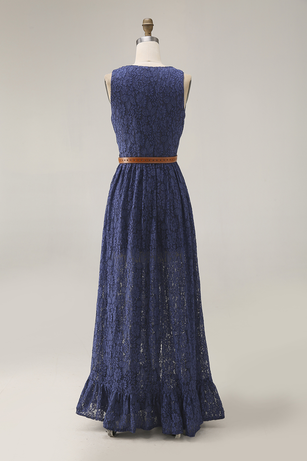 Boho Lace Dress Blue V Neck Sleeveless Belted High Slit Maxi Dress