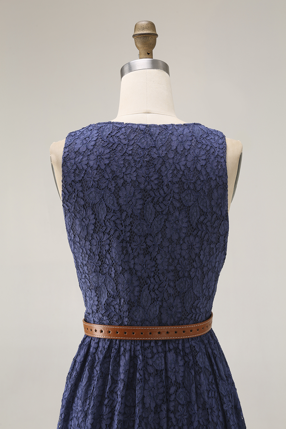 Boho Lace Dress Blue V Neck Sleeveless Belted High Slit Maxi Dress